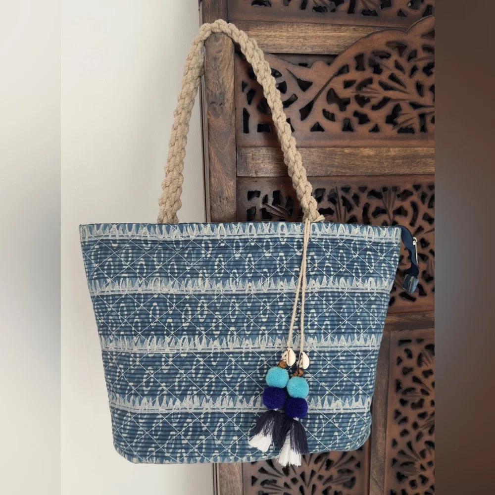 Brand new vintage hand block print cotton Blue Patterned Tote Bag